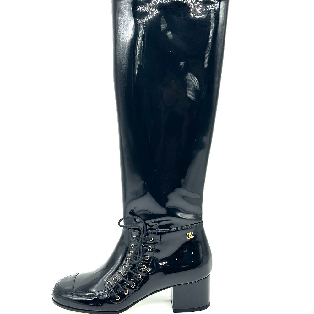 CHANEL 15A Patent Calf Leather Knee High Tall Lace Up Boots Shoes - Picture 3 of 16